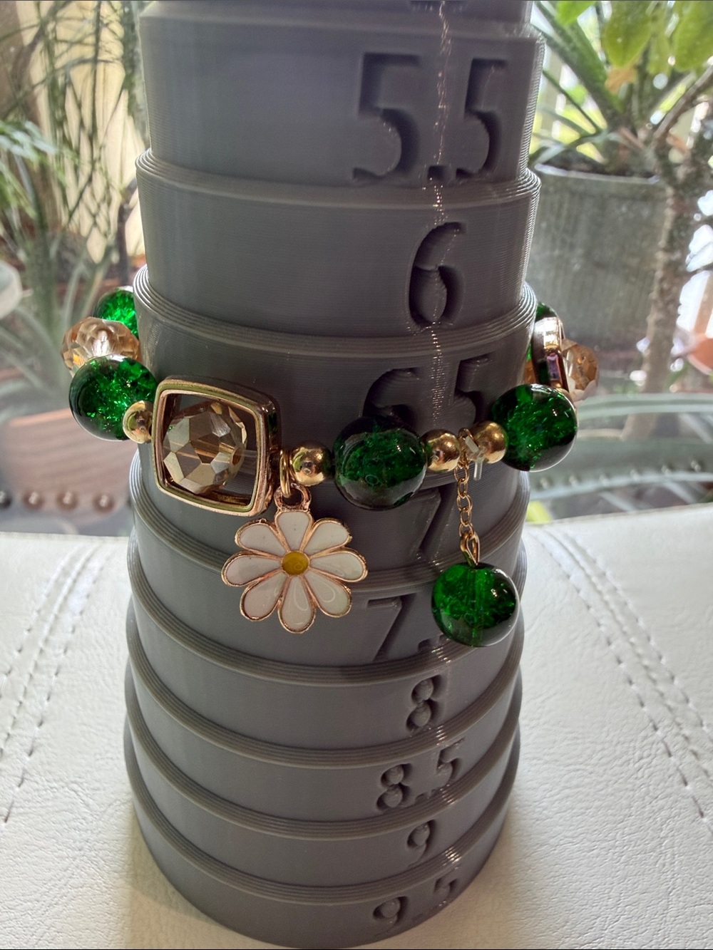 Gold-Plated Green Bead Daisy Charm Bracelet